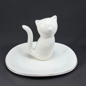 Tri-Coastal Design‎ White Ceramic Cat Ring Holder Dish Gold Rim Trinket Tray VTG